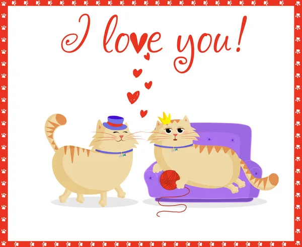 귀여운 고양이 사랑에 인사말 카드를 모자와 고양이 테두리 액자와 소파에 — 스톡 벡터