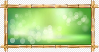 Vektör çizim dikdörtgeni kahverengi kuru bambu kenarlık çerçevesi ile ip, yeşil bokeh şeffaf arka plan üzerinde kaynaklanıyor. Soyut spa konsept tropikal afiş boş kopya alanı, metin için yer ile.