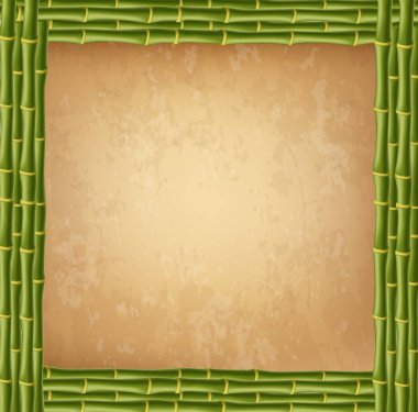 Yeşil Bambu sopalarla yapmanız detaylı vintage kağıt boş veya tuval vektör ahşap kare kenarlık çerçeve yapılmış. Yıpranmış papirüs şablon, metin için yer ile eski grungy poster.