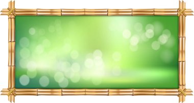 illüstrasyon kahverengi dikdörtgen kuru bambu kenarlık çerçevesi ile ip, yeşil bokeh beyaz arka plan üzerinde kaynaklanıyor. Soyut spa konsept tropikal afiş boş kopya alanı, metin için yer ile.