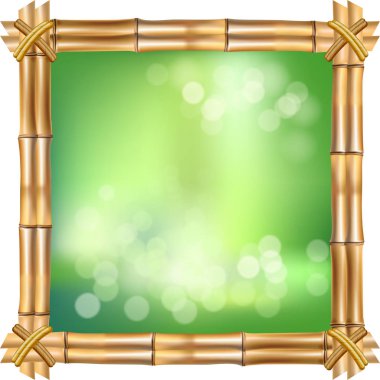  illüstrasyon kare kahverengi kuru bambu kenarlık çerçeve kaynaklanıyor, bokeh arka plan ve bulanık beyaz daireler içinde izole üzerinde beyaz bulanıklık. Metin için boş yer ile soyut kavram tropikal tabela.