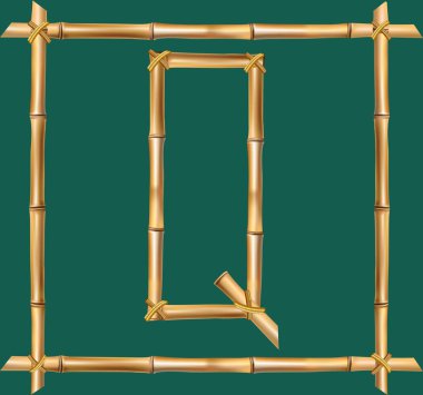 Vektör bambu alfabe. Büyük harf Q gerçekçi kahverengi kuru bambu Polonyalılar üzerinde yeşil arka plan izole tahta sopa çerçeve içinde yapılmış. Abc kavramı kelime, metin, reklam, mesaj oluşturmak için.