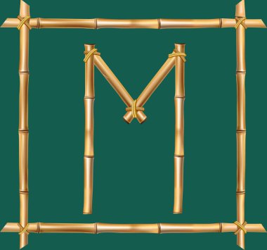 Vektör bambu alfabe. Büyük harf M gerçekçi kahverengi kuru bambu Polonyalılar üzerinde yeşil arka plan izole tahta sopa çerçeve içinde yapılmış. Abc kavramı kelime, metin, reklam, mesaj oluşturmak için.