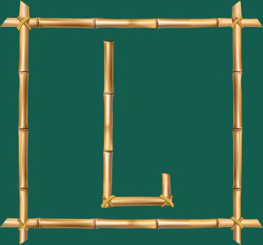 Vektör bambu alfabe. Büyük harf L gerçekçi kahverengi kuru bambu Polonyalılar üzerinde yeşil arka plan izole tahta sopa çerçeve içinde yapılmış. Abc kavramı kelime, metin, reklam, mesaj oluşturmak için.