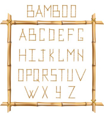 Vector bamboo alphabet. Capital letters made of realistic brown dry bamboo poles inside of wooden stick frame isolated on white background. Abc concept for creating words, text, advertising, message. clipart