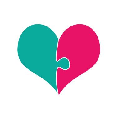 Beyaz arka plan üzerinde izole iki bulmaca adet pembe ve yeşil kalp toplandı. Seks sembolü. Erkek ve kadın arasındaki cinsiyet etkileşim. Çizgi film simgesi, Sevgililer günü. Heteroseksüel çift aşk. Vektör