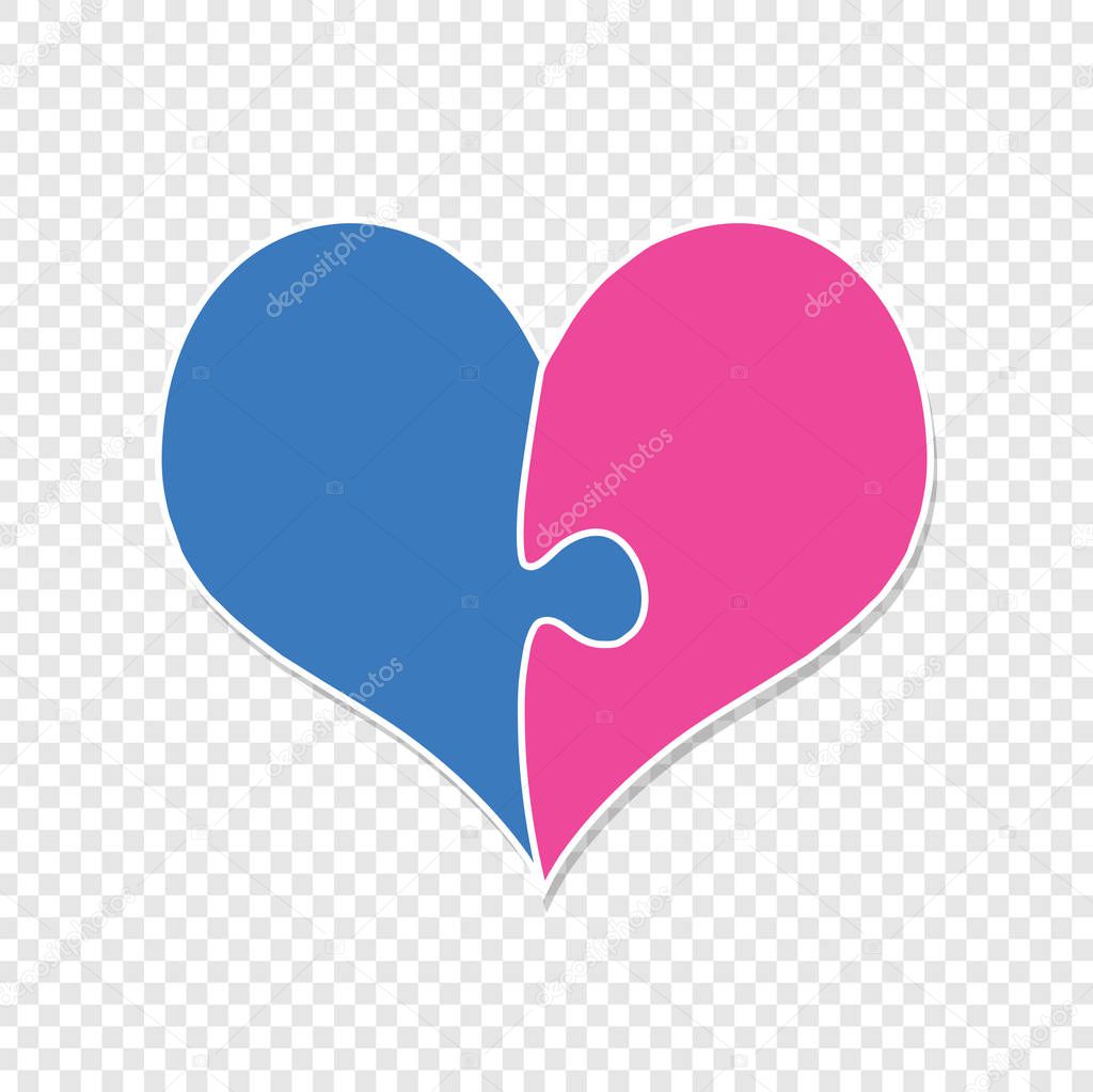 Pink And Blue Heart Assembled Of Two Puzzle Pieces Isolated on Transparent Background. Sex Symbol. Genders Interaction Between Man and Woman. Cartoon Icon, Valentines Day. Couple Fall in Love. Vector