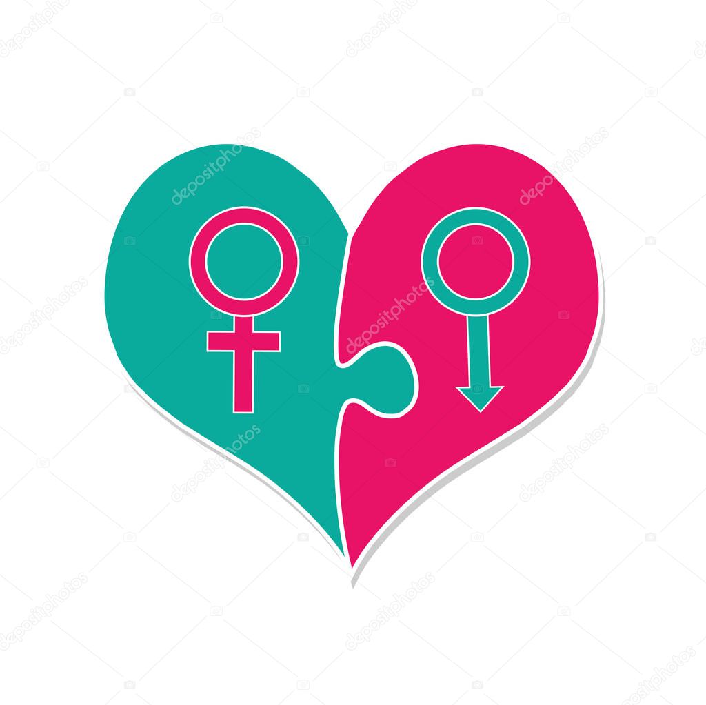 Signs of Venus And Mars Inside of Puzzle Heart. Symbols of Male And Female Beginning. Gender Interaction of Men and Women. Love, Relationship and Marriage, Family. Flat Illustration, Isolated. Vector.