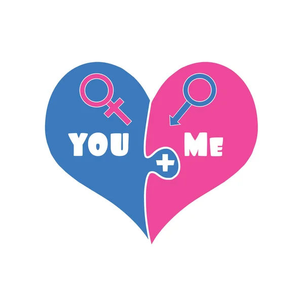 Puzzle Two Pieces Heart in Blue and Pink Color Isolated on White Background. Gender Signs of Venus and Mars. You Plus Me. Love. Relations. Cute Cartoon Valentines Day Clip art. Illustration.