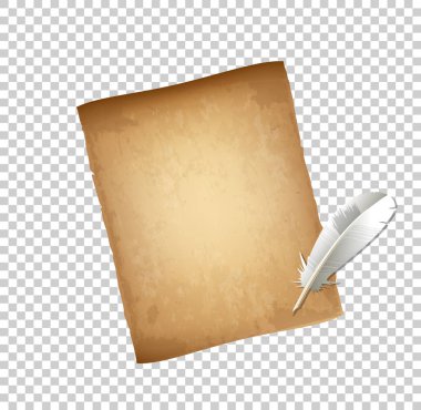 Beyaz tüy kalem ve eski papirüs Kağit, parşömen şeffaf arka plan izole. Son derece gerçekçi sınır, ayrıntılı resimler, şablon ve küçük resim. Kartı vektör çizim tebrik mektubu, eski moda