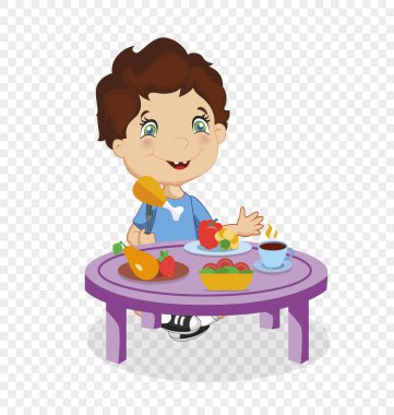 Kahverengi saçlı, mavi gözlü olan komik Smie çizgi film çocuk oturup masada sağlıklı gıda ile sebze, meyve üzerinde şeffaf arka plan izole tavuk yemek gibi. Renkli karakter vektör çizim, küçük resim