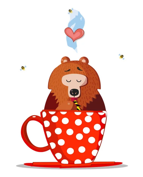 Niedlichen Cartoon Teddybär Charakter Sitzt Der Roten Tasse Mit Tupfenmuster — Stockvektor