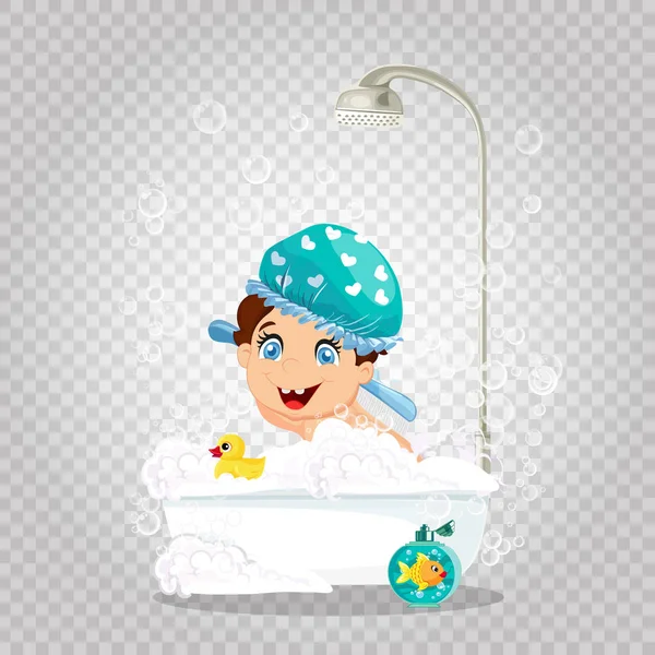 シャワーを浴びて洗濯帽子と黄色いアヒルのおもちゃと透明な背景に分離された浴室で金の魚と入浴でかわいい笑みを浮かべて少年キャラクター 漫画の衛生ベクトル図 クリップアート — ストックベクタ