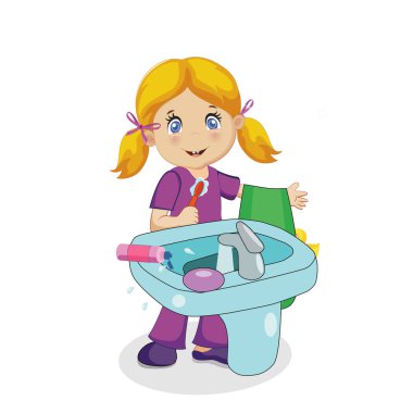 Diş fırçalamaya izole banyo içinde lavabo beyaz zemin üzerine sarı saçlı sevimli gülümseyen bebek kız karakter. Diş fırçası ve havlu elinde. Çocuklar hijyen. Vektör çizim karikatür, küçük resim