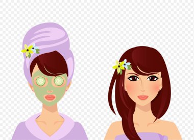 Önce ve sonra Spa cilt bakım yordam kümesi sevimli kız karakter havlu ve bornoz. Kil maskesi ve salatalığın üzerinde gözler, makyaj ve saç modeli çizgi film düz vektör çizim kadın ile olan Bayan