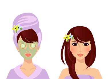 Türban ve banyo bornoz önce ve Spa kozmetik prosedür sonra sevimli kız karakter kümesi. Kil maskesi ve salatalığın üzerinde gözler, makyaj ve saç stili karikatür düz vektör çizim kadın ile olan Bayan