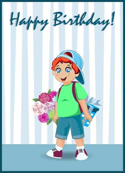 Happy Birthday Greeting Card Cute Little Red Head Boy Bunch — Stock Vector