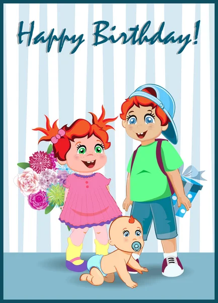 Happy Birthday Greeting Card Cute Cartoon Kids Characters Holding Big — Stock Vector
