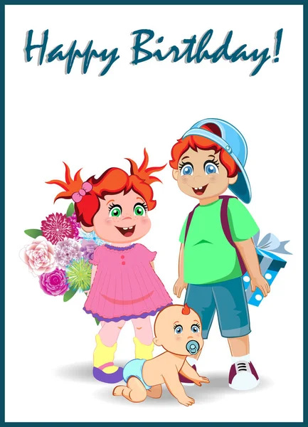 Happy Birthday Greeting Card Cute Cartoon Kids Characters Holding Big — Stock Vector