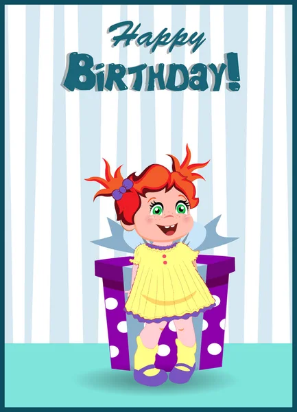 Happy Birthday Greeting Card Cute Cartoon Little Girl Character Ginger — Stock Vector