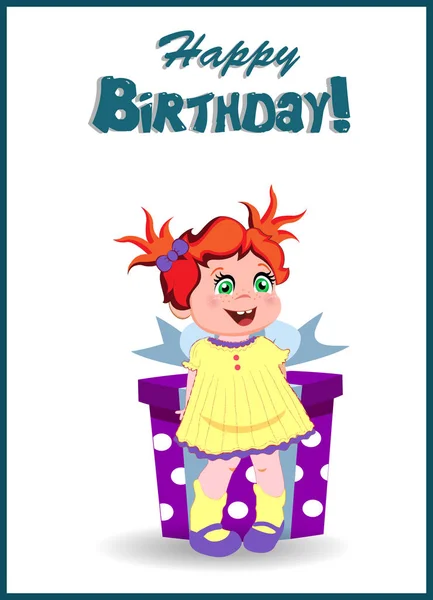 Happy Birthday Greeting Card Cute Cartoon Little Girl Character Ginger — Stock Vector