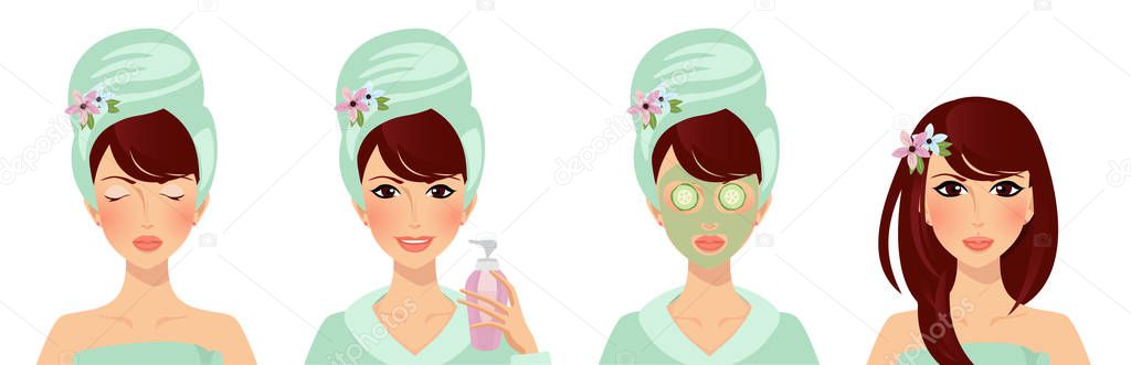 Beauty Face Set of Elegant Women with Facial Clay Mask, Cucumber Slices on Eyes Isolated on White Background. Skincare Steps, Treatment, Caring, Cosmetics Makeup. Cartoon Flat Vector Illustration.