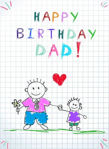 Happy Birthday Dad Children Colorful Hand Drawn Illustration Father Son — Stock Photo, Image