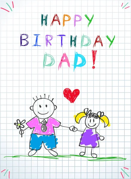 Happy Birthday Dad Children Colorful Hand Drawn Illustration Father Daughter — Stock Photo, Image