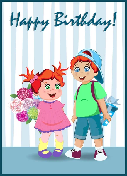 Поздравление Днем Рождения Симпатичных Детей Карикатуры Держащих Большой Подарочный Ящик — стоковое фото