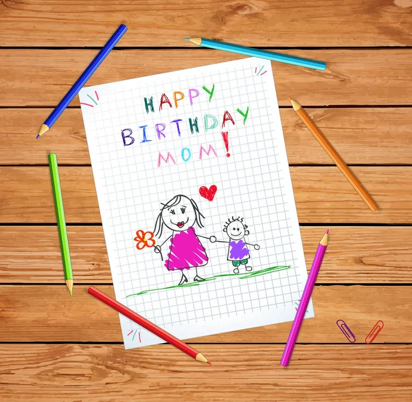 Feliz Aniversário Mãe Crianças Ilustração Desenhada Mão Colorida Mãe Filho — Fotografia de Stock