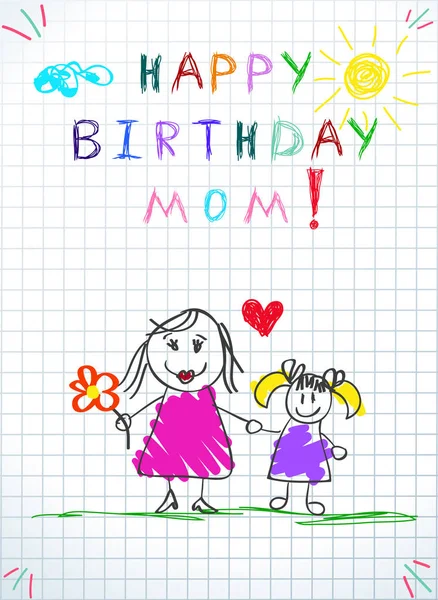 Feliz Aniversário Mãe Crianças Mão Colorida Desenhado Ilustração Mãe Filha — Fotografia de Stock