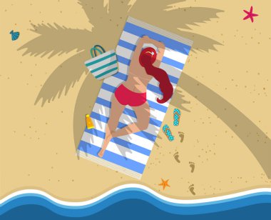 Kırmızı bikini plaj havlusu Belly yatan kadın