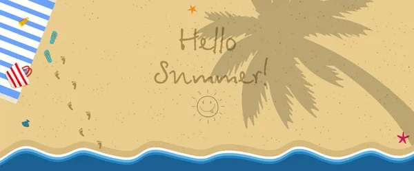 Hallo zomer horizontale Banner. Bovenaanzicht van strand — Stockvector
