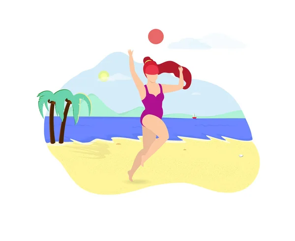 Ginger ragazza giocare con palla su mare lato spiaggia . — Vettoriale Stock