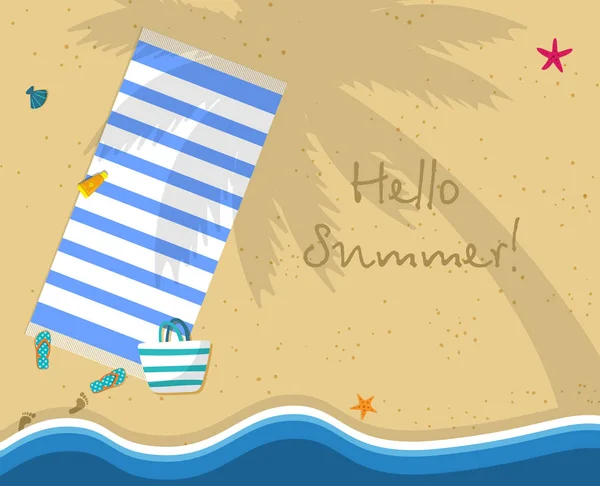 Hello Summer Square Banner. Top View of Sea Beach — Stock Vector