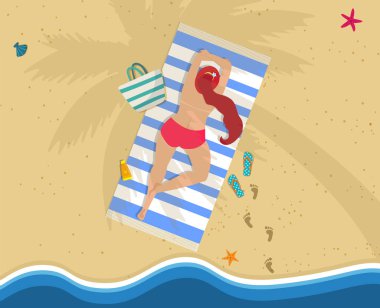 Kırmızı bikini plaj havlusu Belly yatan kadın