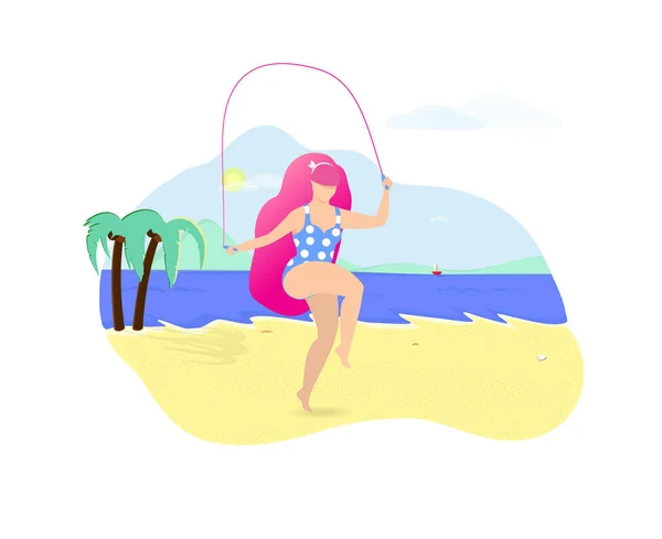 Chica con el pelo rosa saltando con la cuerda en la playa . —  Fotos de Stock