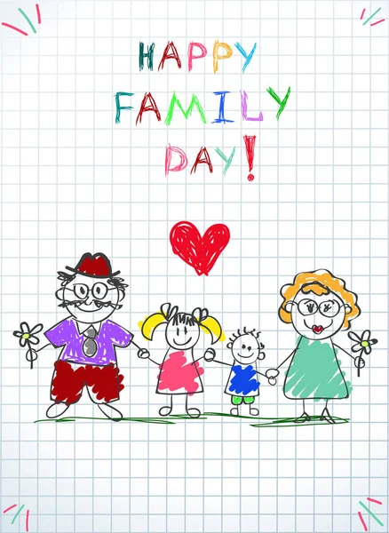 Šťastný den rodiny obrázek. Děti s mámou a tátou. — Stockový vektor