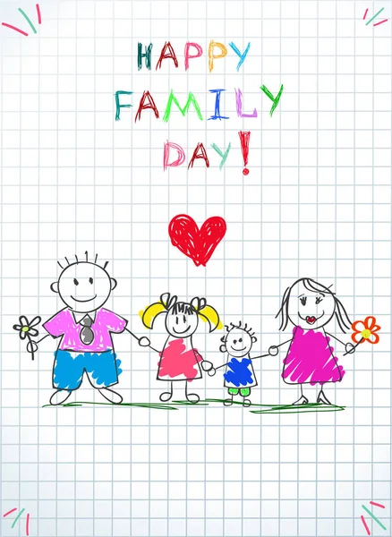 Feliz Dia da Família Filhos Doodle Picture. Pais . —  Vetores de Stock