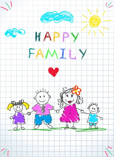 Szczęśliwe rodziny trzymając się za ręce rysunku dziecka. Doodle. — Wektor stockowy