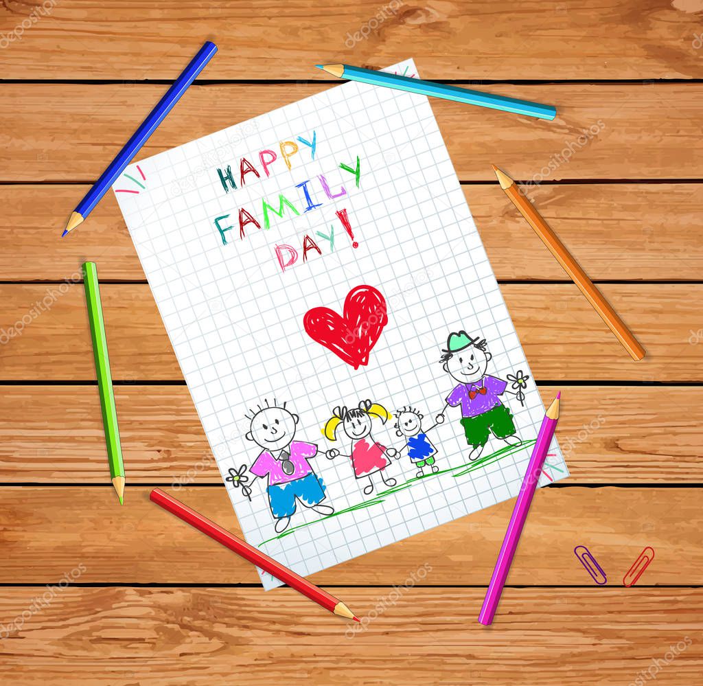 Happy Family Day Cartoon Hand Drawn Illustration Lying On Wooden Table Surface With Colored Pencils Around Little Boy And Girl Holding Hands Of Adult Men On Checkered Sheet Background Doodle Vector Happy Family Day Cartoon Hand Drawn Illustration Lying On Wooden Table Surface With Colored Pencils Around Little Boy And Girl Holding Hands Of Adult Men On Checkered Sheet Background Doodle Vector