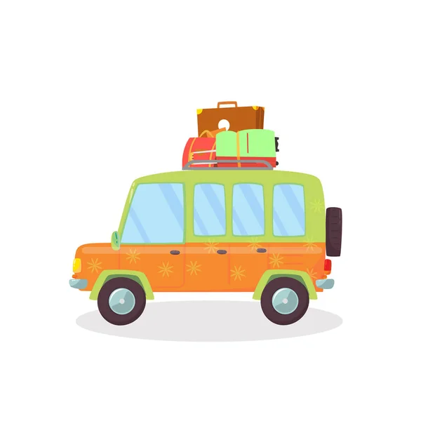 Orange, Green Colored Car with Suitcases on Roof. — Stock Photo, Image