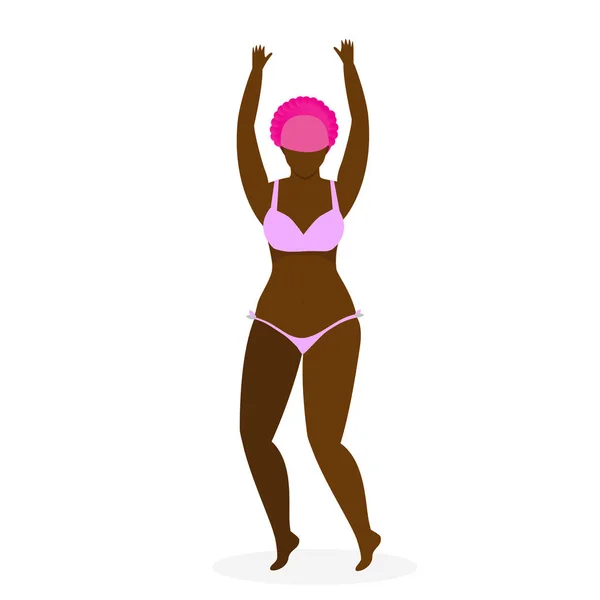 Pembe Bikini atlama içinde mutlu neşeli Afro kadın. — Stok fotoğraf