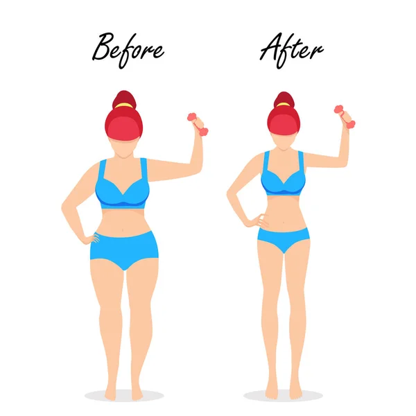 Przed i po utracie wagi kobieta trening dieta — Wektor stockowy