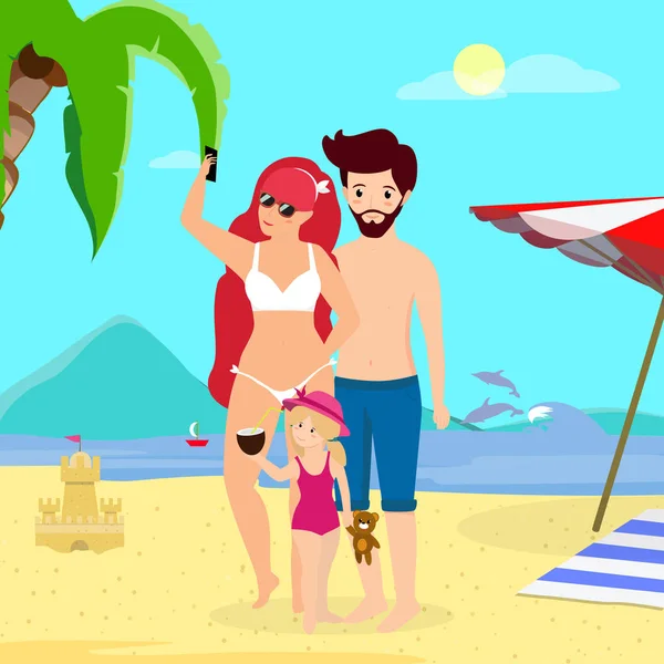 Familia feliz en la playa. Padres sonrientes con niño . — Vector de stock