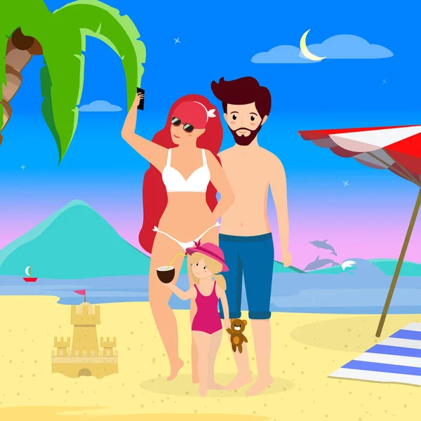 Feliz família na praia. Pais sorridentes com criança . — Vetor de Stock