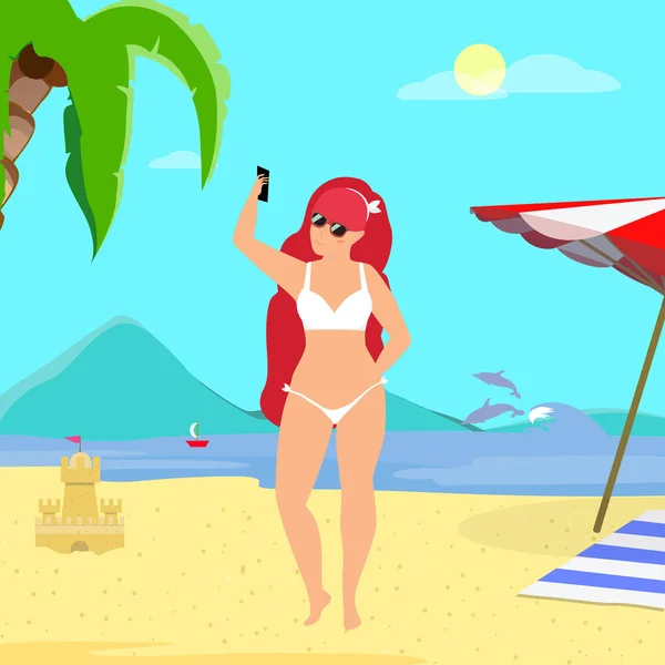 Jong gember vrouw het maken van selfie op Sandy Beach. — Stockvector