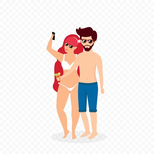 Unga kärleksfulla par i baddräkter gör selfie — Stock vektor