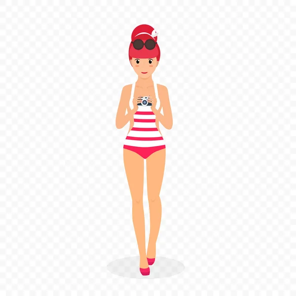 Woman Make Photo on Beach Camera Summer Vacation — Stock Vector