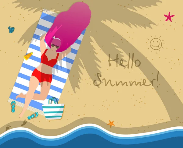 Young Woman on Beach. Hello Summer Typography, — Stock Vector